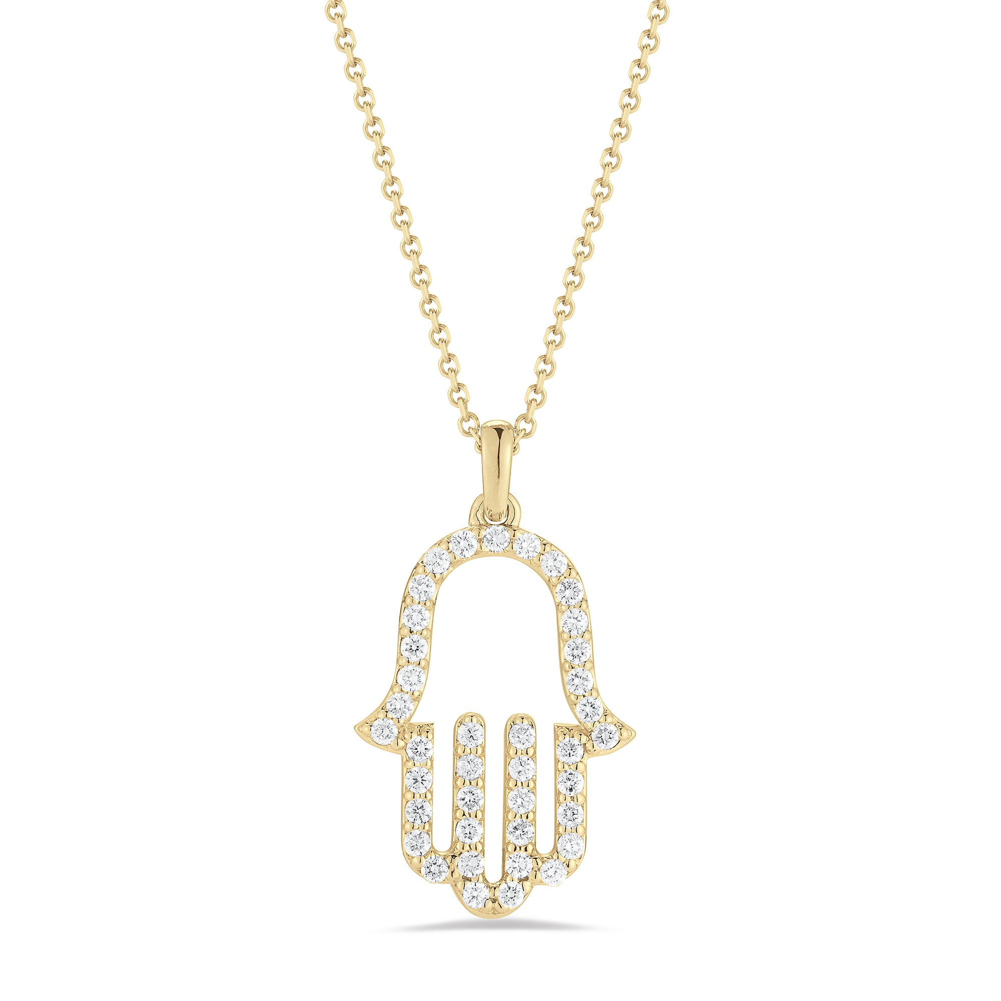 Diamond Hamsa Pendant Necklace     -14K gold weighing 3.5 grams  -39 round shared prong-set diamonds totaling 0.40 carats