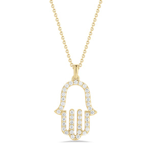 Diamond Hamsa Pendant Necklace     -14K gold weighing 3.5 grams  -39 round shared prong-set diamonds totaling 0.40 carats
