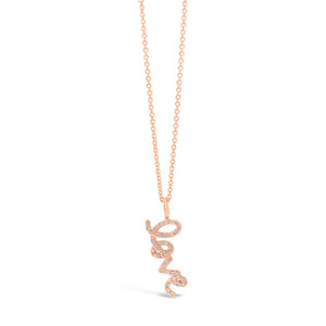 Small Diamond ‘Love’ Script Pendant Necklace  - 14K gold weighing 1.10 grams.  - 41 round diamonds totaling 0.22 carats.