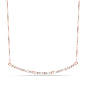 Curved Diamond Bar Necklace -14K rose gold weighing 2.9 grams -29 round diamonds totaling 0.43 carats 2mm in width, 2 inches length.