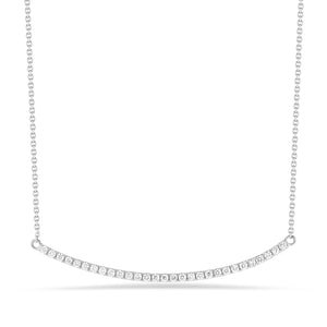 Curved Diamond Bar Necklace -14K white gold weighing 2.9 grams -29 round diamonds totaling 0.43 carats 2mm in width, 2 inches length.