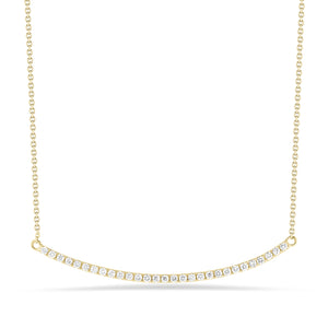Curved Diamond Bar Necklace -14K yellow gold weighing 2.9 grams -29 round diamonds totaling 0.43 carats 2mm in width, 2 inches length.