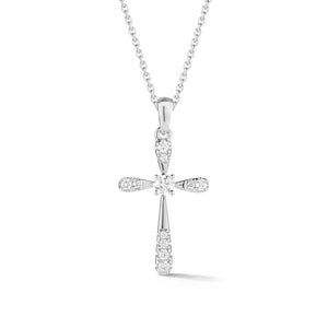 Diamond & Gold Rounded Cross Pendant Necklace  An ideal christening, communion, confirmation, birthday, or holiday gift.  -14K gold weighing 1.57 grams  -8 round prong-set diamonds totaling 0.09 carats
