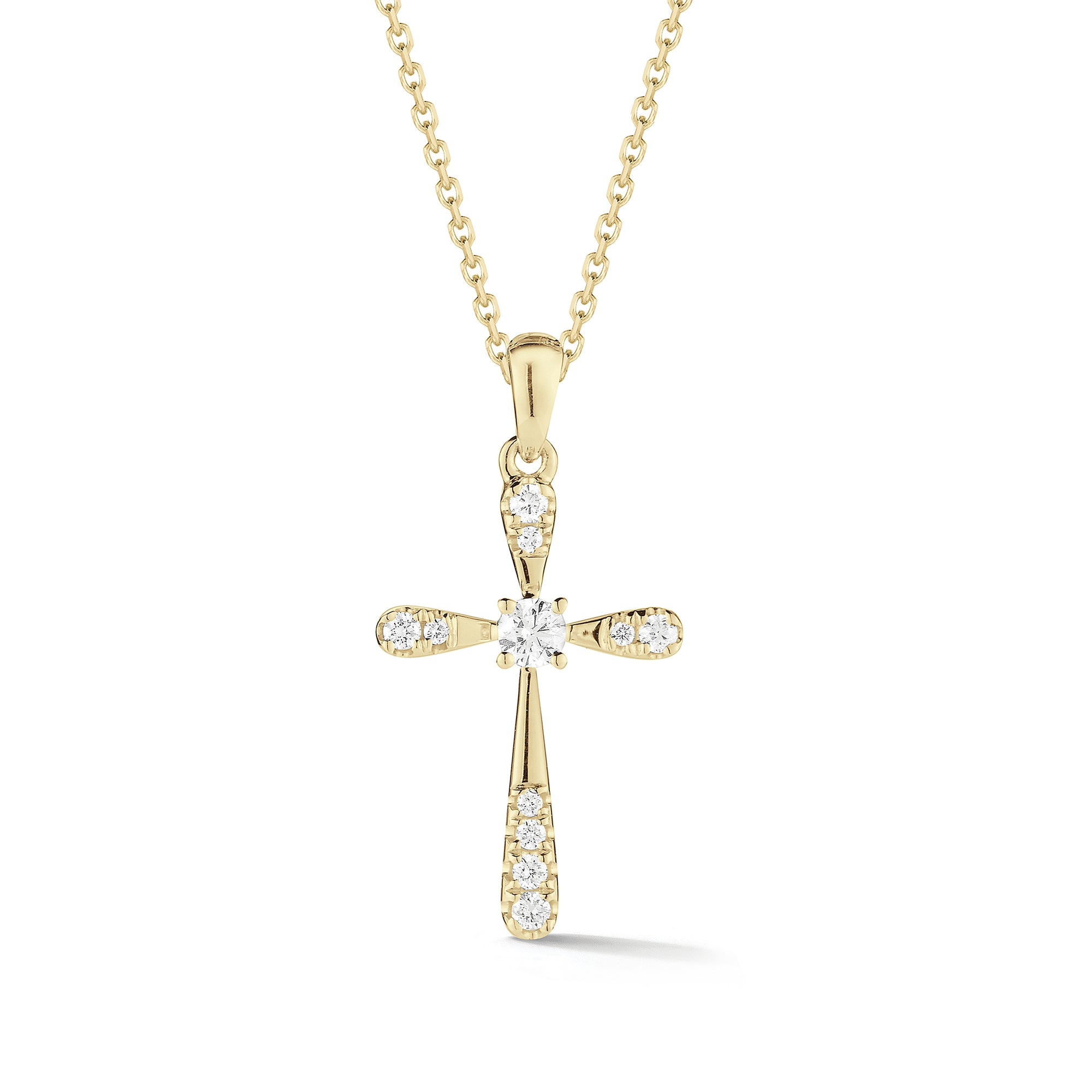 Diamond & Gold Rounded Cross Pendant Necklace  An ideal christening, communion, confirmation, birthday, or holiday gift.  -14K gold weighing 1.57 grams  -8 round prong-set diamonds totaling 0.09 carats