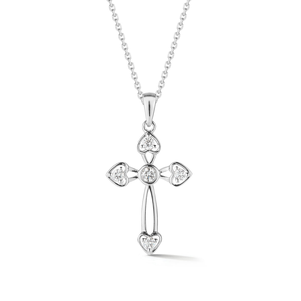 Diamond Cross Pendant with Heart-Shaped Corners  The perfect christening, communion, confirmation, birthday, or holiday gift.  -14K gold weighing 2.19 grams  -5 round prong-set brilliant diamonds totaling 0.15 carats