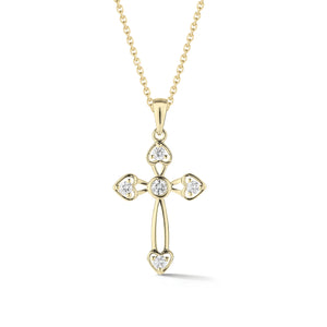 Diamond Cross Pendant with Heart-Shaped Corners  The perfect christening, communion, confirmation, birthday, or holiday gift.  -14K gold weighing 2.19 grams  -5 round prong-set brilliant diamonds totaling 0.15 carats