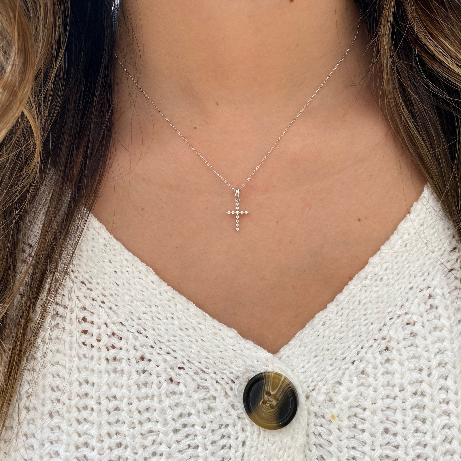 Diamond Skinny Cross Pendant - 18K gold weighing 0.64 grams  - 14K gold weighing 1.0 grams  - 11 round diamonds weighing 0.12 carats