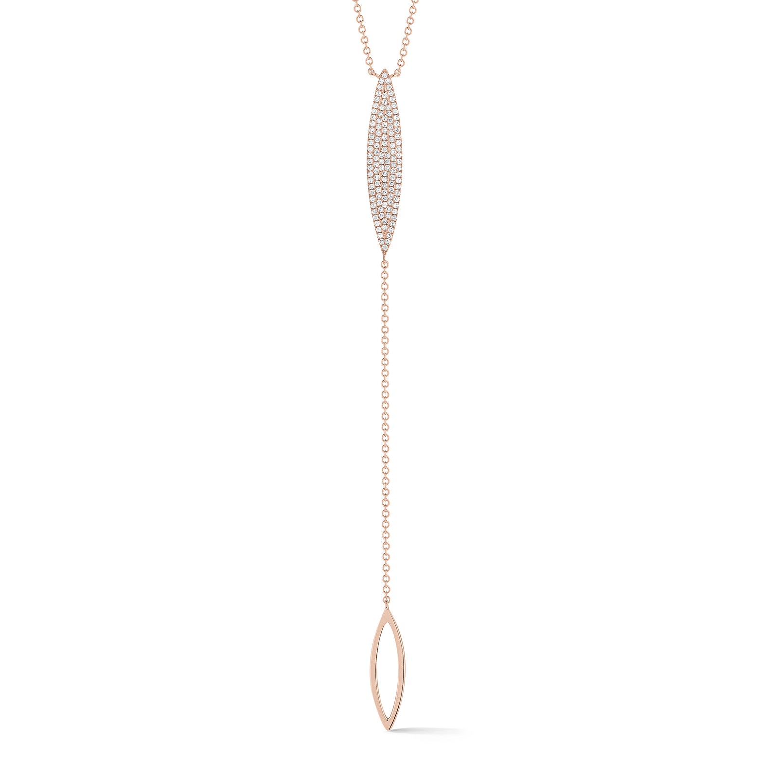 Pave Diamond Marquise Lariat Necklace     14k gold, 3.74 grams, 114 round pave-set diamonds .29 carats.  Size Lariat 29 millimeters long, 5 millimeters width. Drop 9 centimeter
