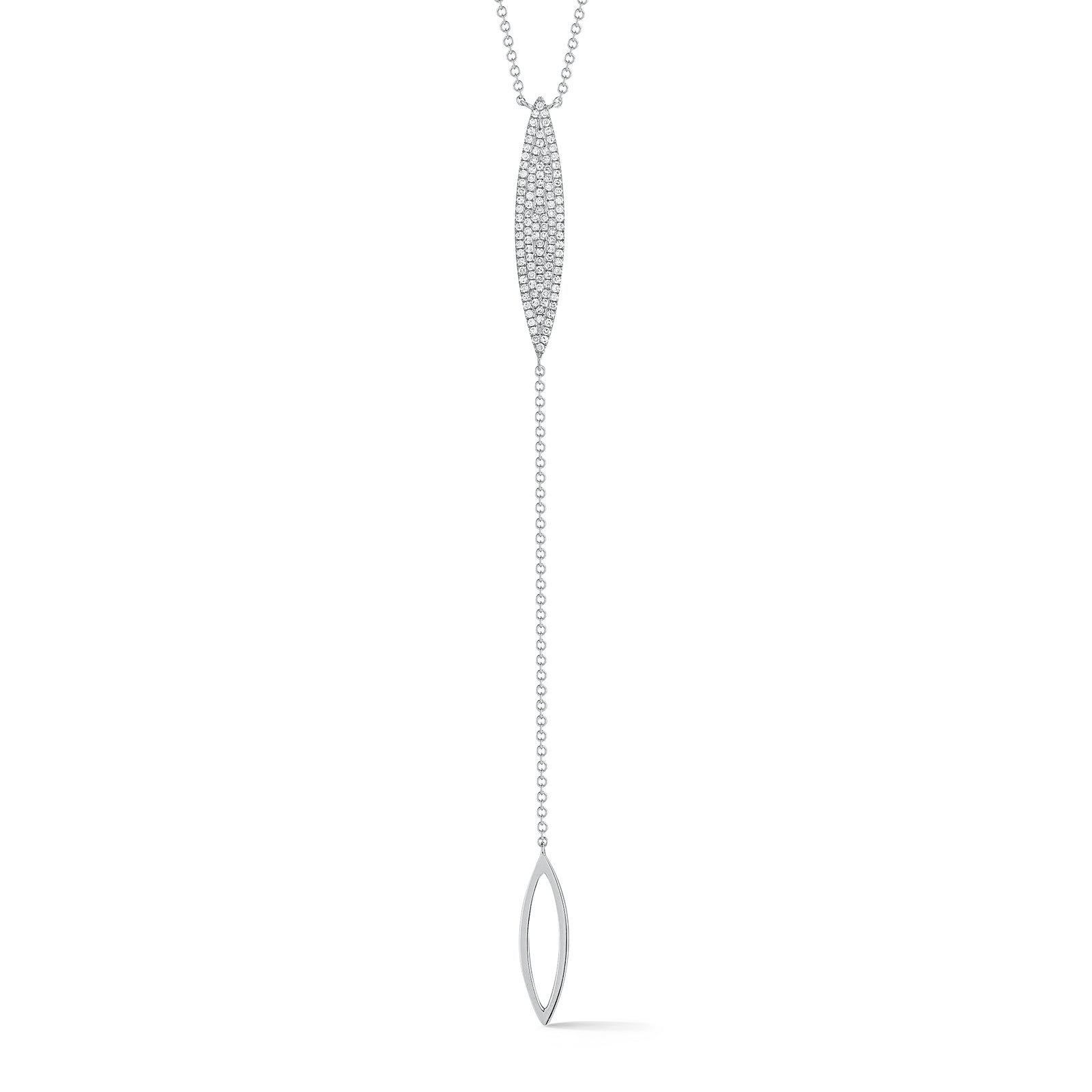 Pave Diamond Marquise Lariat Necklace     14k gold, 3.74 grams, 114 round pave-set diamonds .29 carats.  Size Lariat 29 millimeters long, 5 millimeters width. Drop 9 centimeter