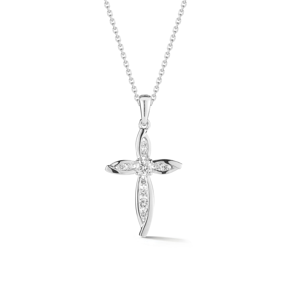 Diamond Pointed Cross Pendant  -14K gold weighing 2.82 grams  -11 round brilliant-cut diamonds totaling 0.19 carats