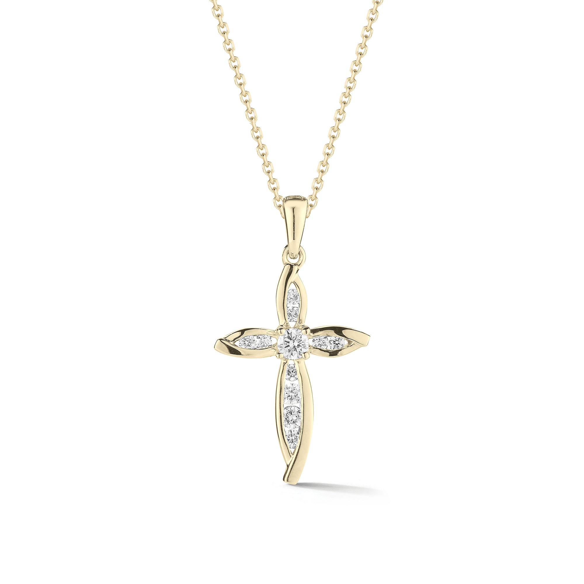 Diamond Pointed Cross Pendant  -14K gold weighing 2.82 grams  -11 round brilliant-cut diamonds totaling 0.19 carats