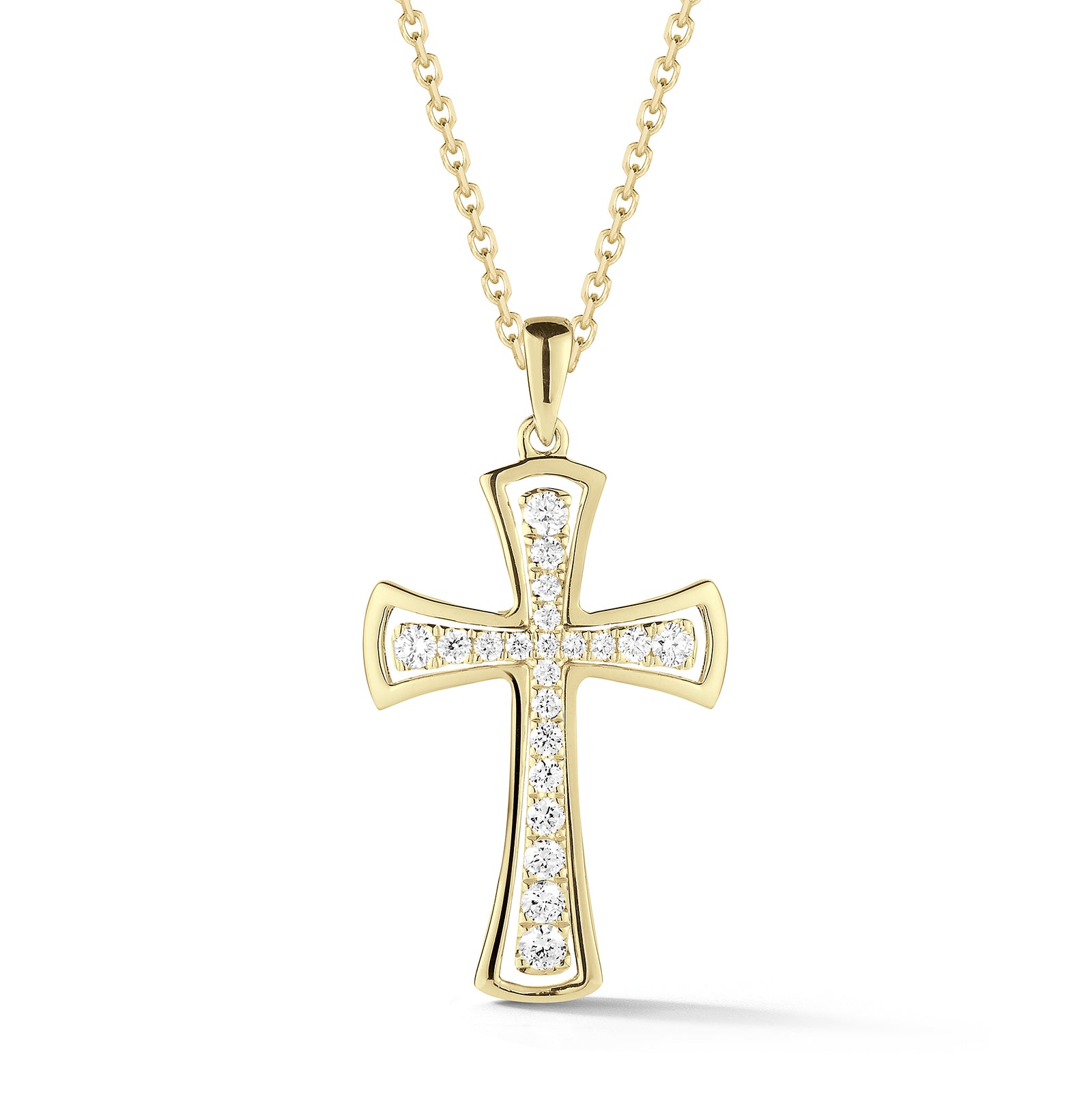 Diamond Cross Pendant Necklace with Gold Halo  An ideal christening, communion, confirmation, birthday, or holiday gift!  -14K gold weighing 3.35 grams  -21 round diamonds totaling 0.25 carats.