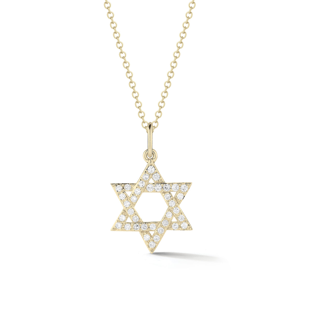 Diamond Small Star of David Pendant  - 14K gold weighing 1.52 grams  - 36 round pave-set diamonds totaling 0.11 carats