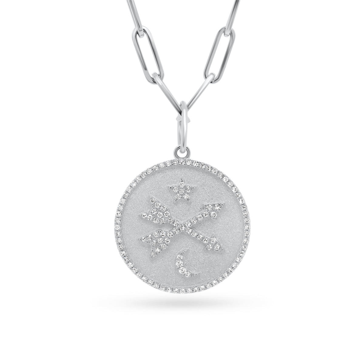 Diamond Crossed Arrows, Star & Moon Medallion Necklace  - 14K gold weighing 2.93 grams  - 109 round diamonds totaling 0.30 carats  Available in yellow, white, and rose gold.