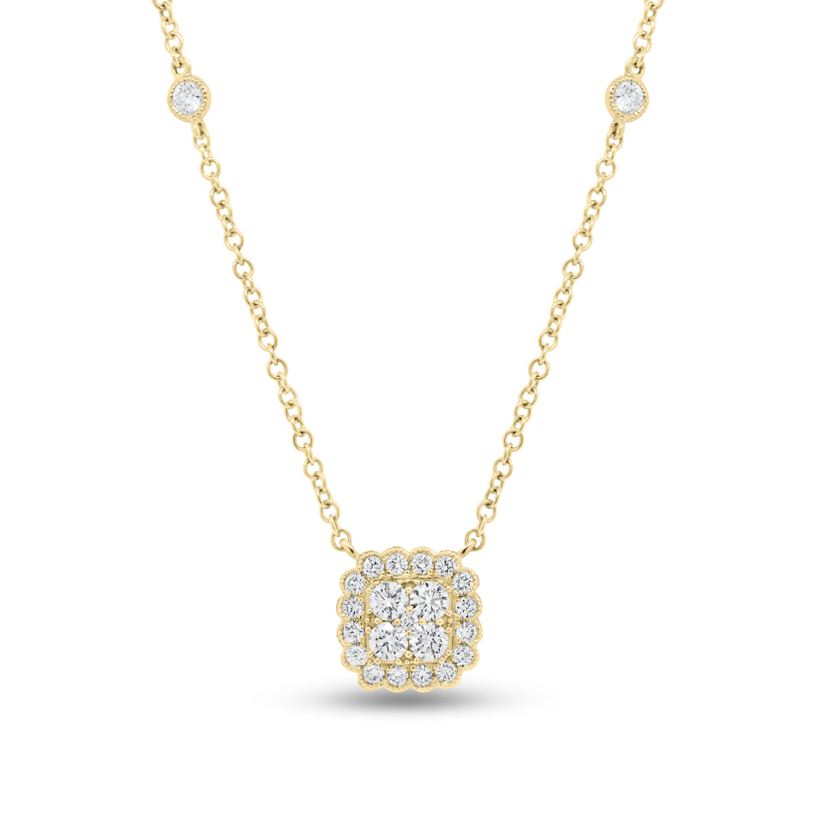 Diamond Cushion Cluster Pendant with Bezel-Set Diamond Stations  - 18K gold weighing 4.48 grams  - 25 round diamonds totaling 0.80 carats