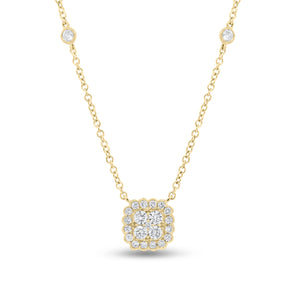Diamond Cushion Cluster Pendant with Bezel-Set Diamond Stations  - 18K gold weighing 4.48 grams  - 25 round diamonds totaling 0.80 carats