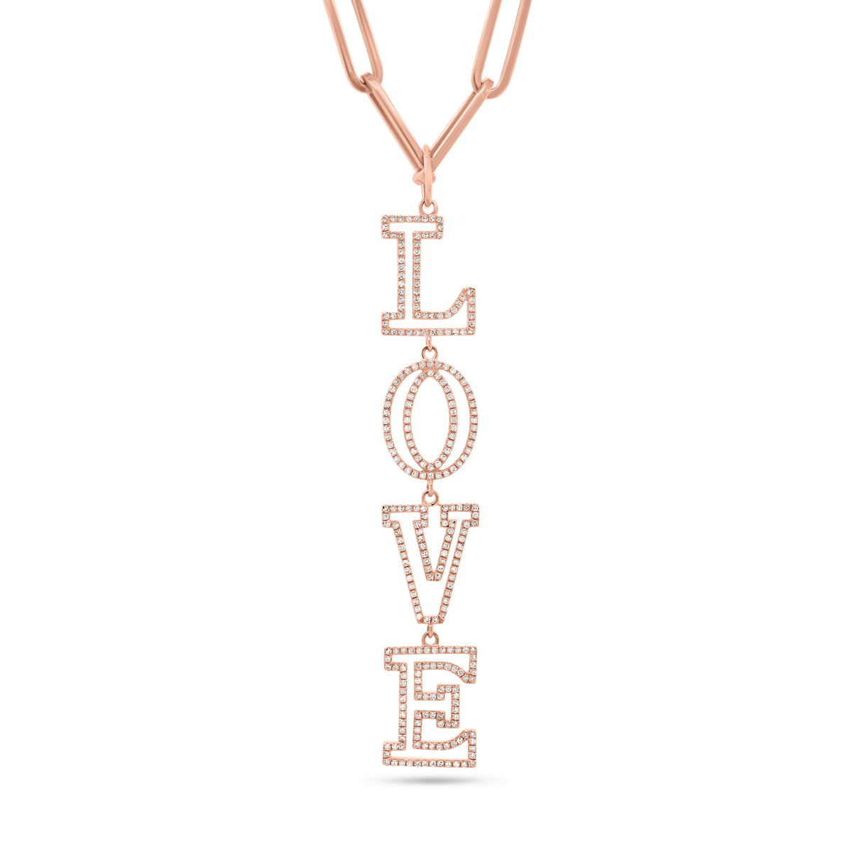 Diamond L-O-V-E Pendant - 14K rose gold weighing 3.77 grams - 284 round diamonds totaling 0.65 carats