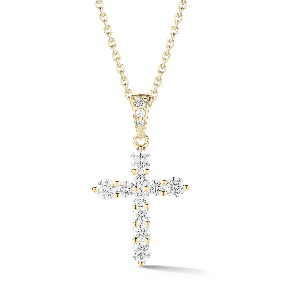 Graduated Diamond Cross Pendant  Makes for an ideal christening, communion, confirmation, birthday, or holiday gift!  -14K gold weighing 2.29 grams  -13 round shared prong-set brilliant-cut diamonds totaling 0.35 carats.