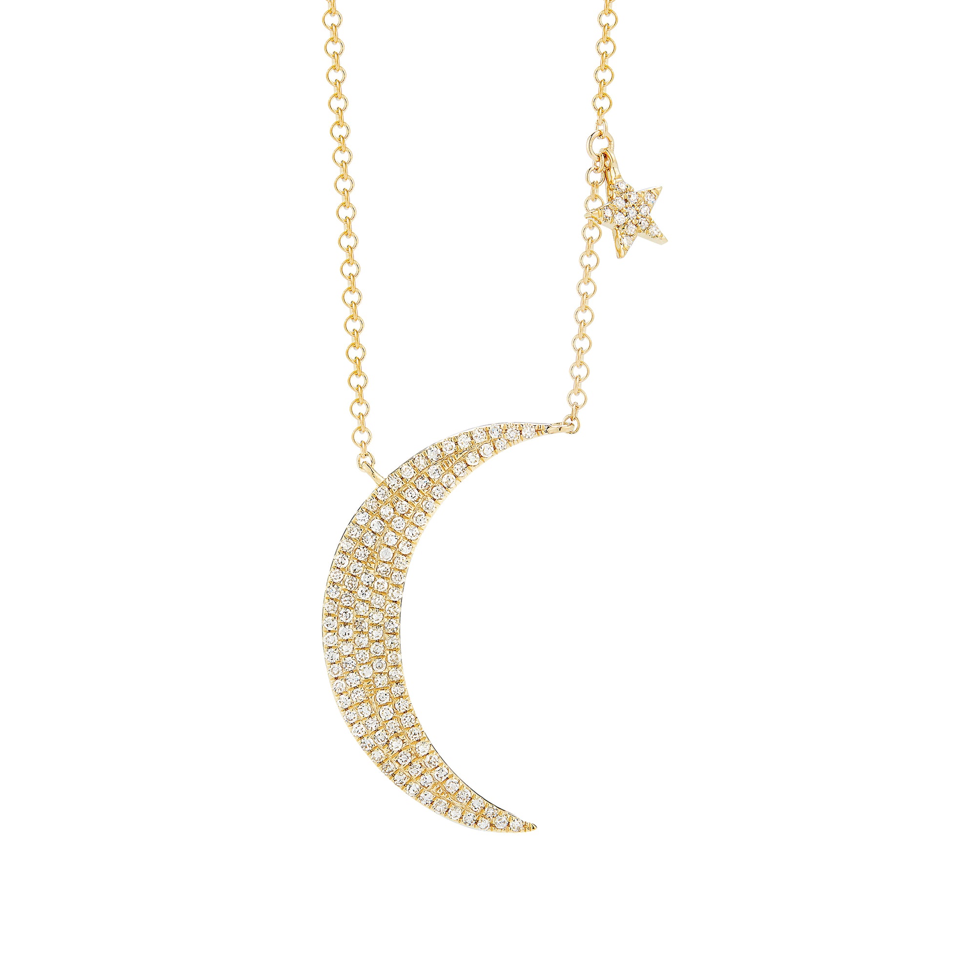 Pave Diamond Moon and Star Necklace  -14K yellow gold weighing 2.50 grams  -125 round pave-set diamonds totaling 0.27 carats.