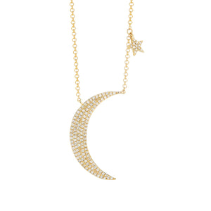 Pave Diamond Moon and Star Necklace  -14K yellow gold weighing 2.50 grams  -125 round pave-set diamonds totaling 0.27 carats.