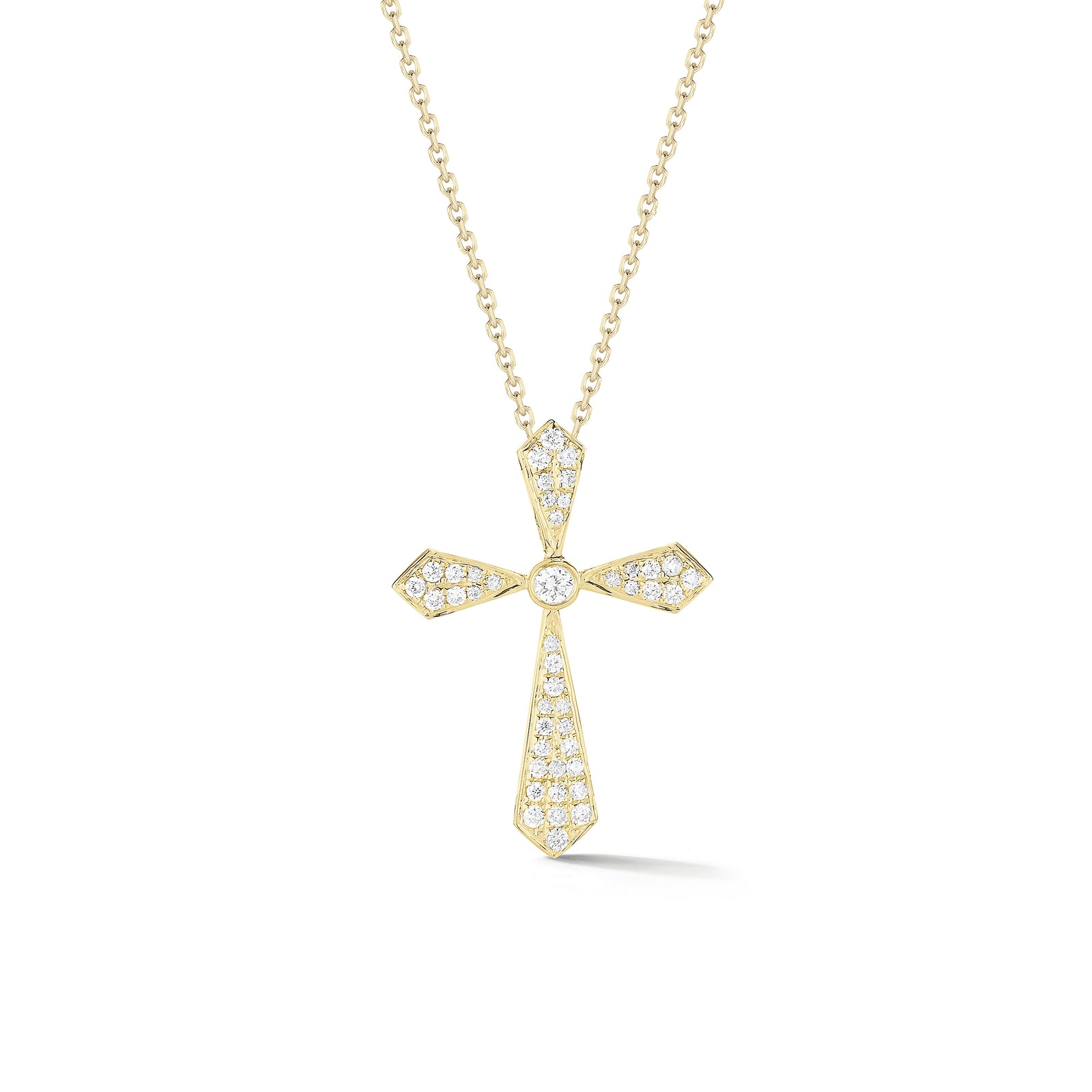 Pave Diamond Cross Pendant Necklace  An ideal christening, communion, confirmation, birthday, or holiday gift.  -14K gold weighing 2.86 grams  -44 round pave-set diamonds totaling 0.18 carats