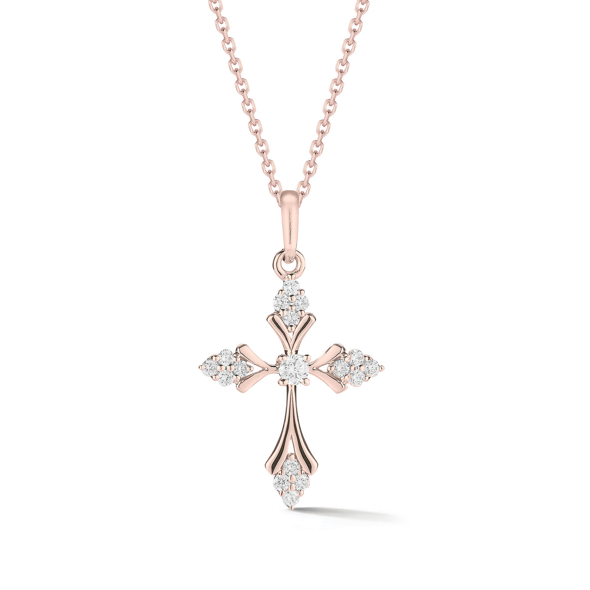 Diamond Cluster Cross Pendant Necklace  -14K gold weighing 2.15 grams  -17 round prong-set diamonds totaling 0.15 carats.