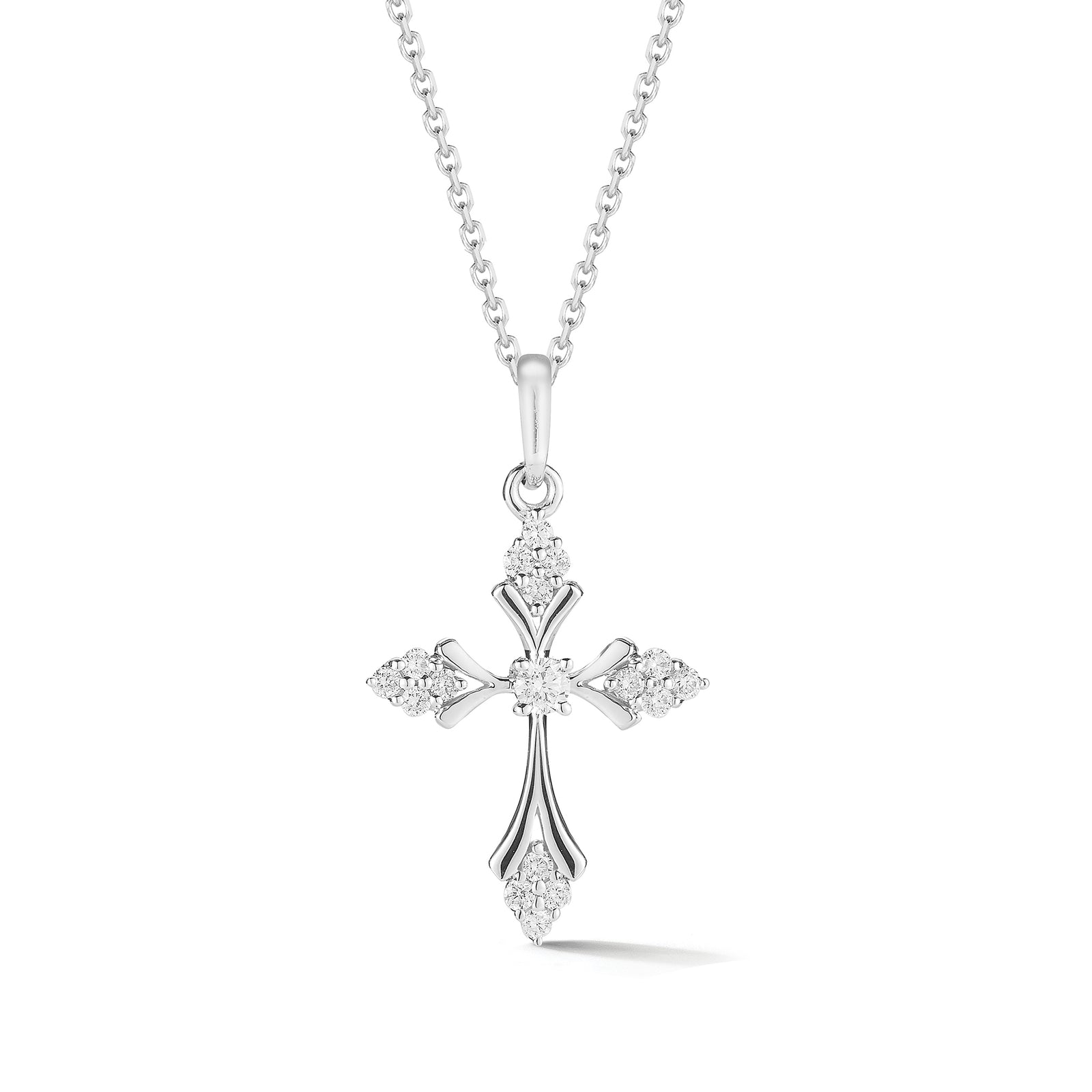 Diamond Cluster Cross Pendant Necklace  -14K gold weighing 2.15 grams  -17 round prong-set diamonds totaling 0.15 carats.