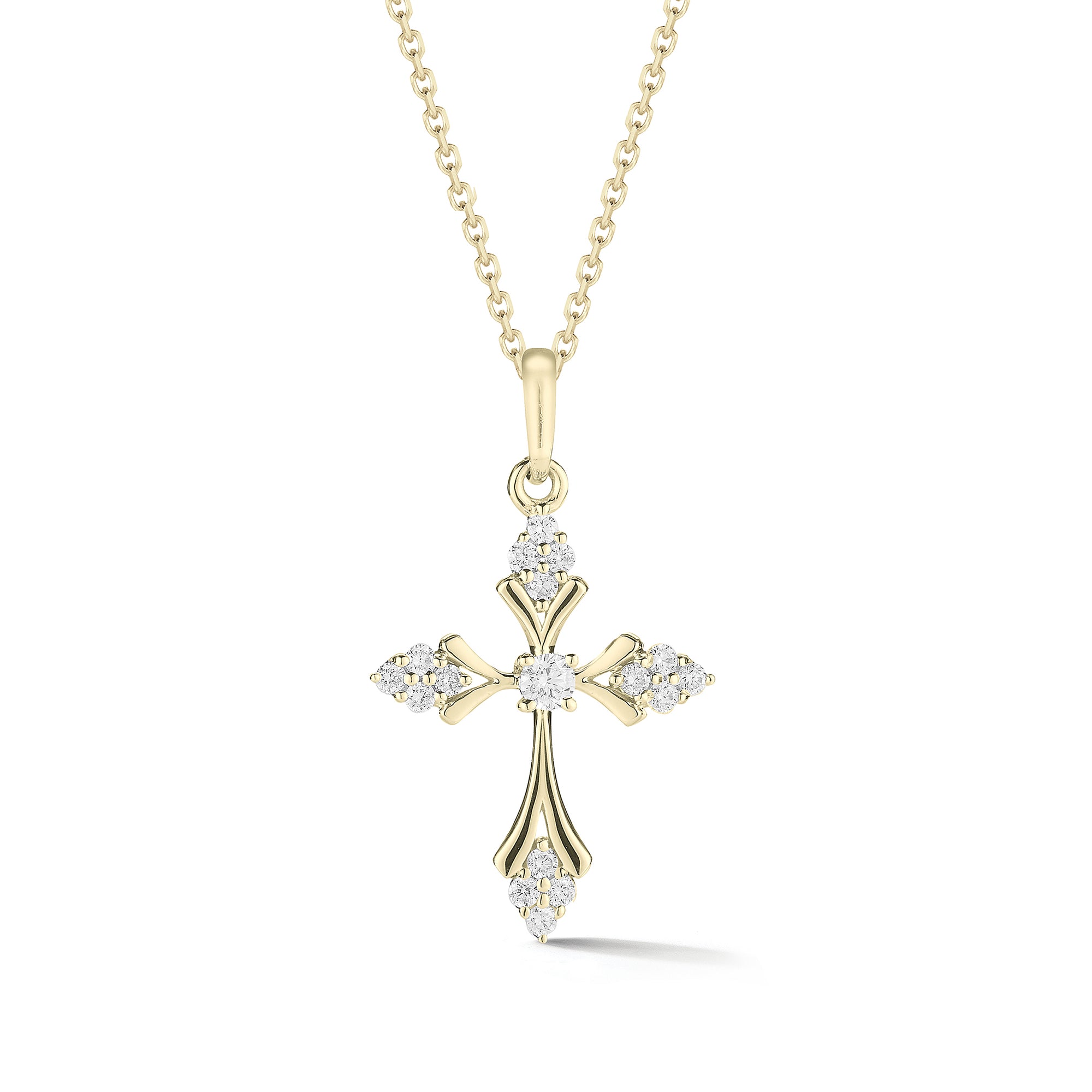 Diamond Cluster Cross Pendant Necklace  -14K gold weighing 2.15 grams  -17 round prong-set diamonds totaling 0.15 carats.