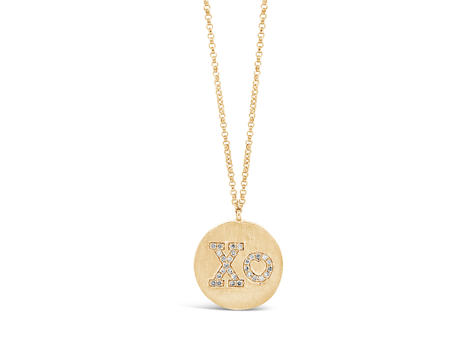 Diamond "XO" Disc Pendant Necklace -14K white gold weighing 3.43 grams -28 round diamonds totaling .09 carats