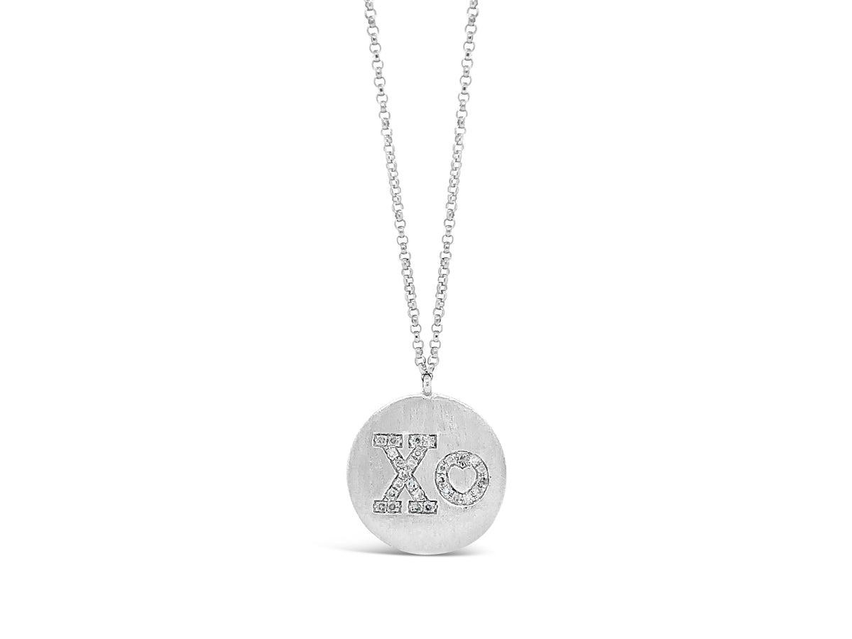 Diamond "XO" Disc Pendant Necklace -14K white gold weighing 3.43 grams -28 round diamonds totaling .09 carats