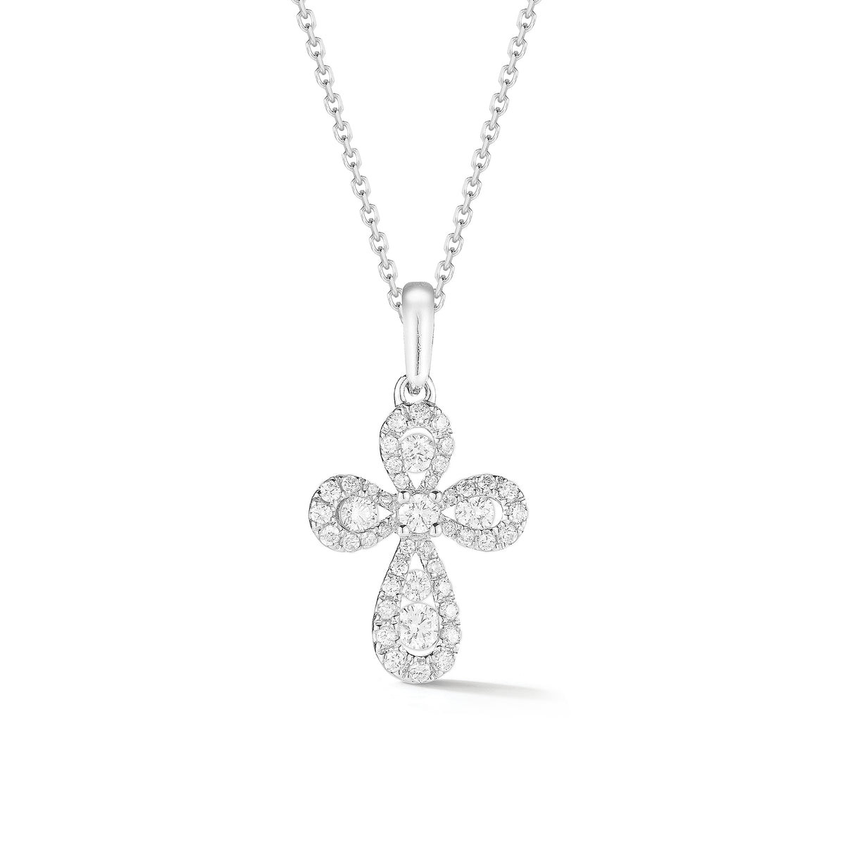 Diamond Mini Rounded Cross Pendant  -14K gold weighing 2.79 grams  -46 round prong-set brilliant diamonds totaling 0.42 carats