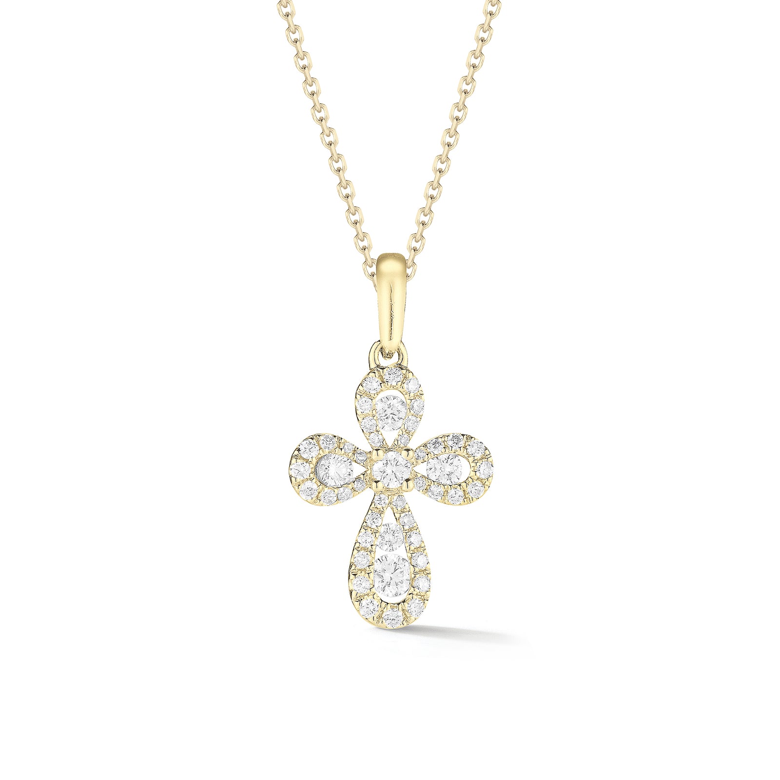 Diamond Mini Rounded Cross Pendant  -14K gold weighing 2.79 grams  -46 round prong-set brilliant diamonds totaling 0.42 carats