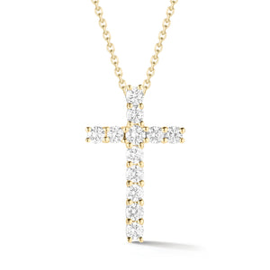 Diamond Simple Cross Pendant  -14K gold weighing 2.6 grams  -12 round shared prong-set brilliant-cut diamonds totaling 0.44 carats.