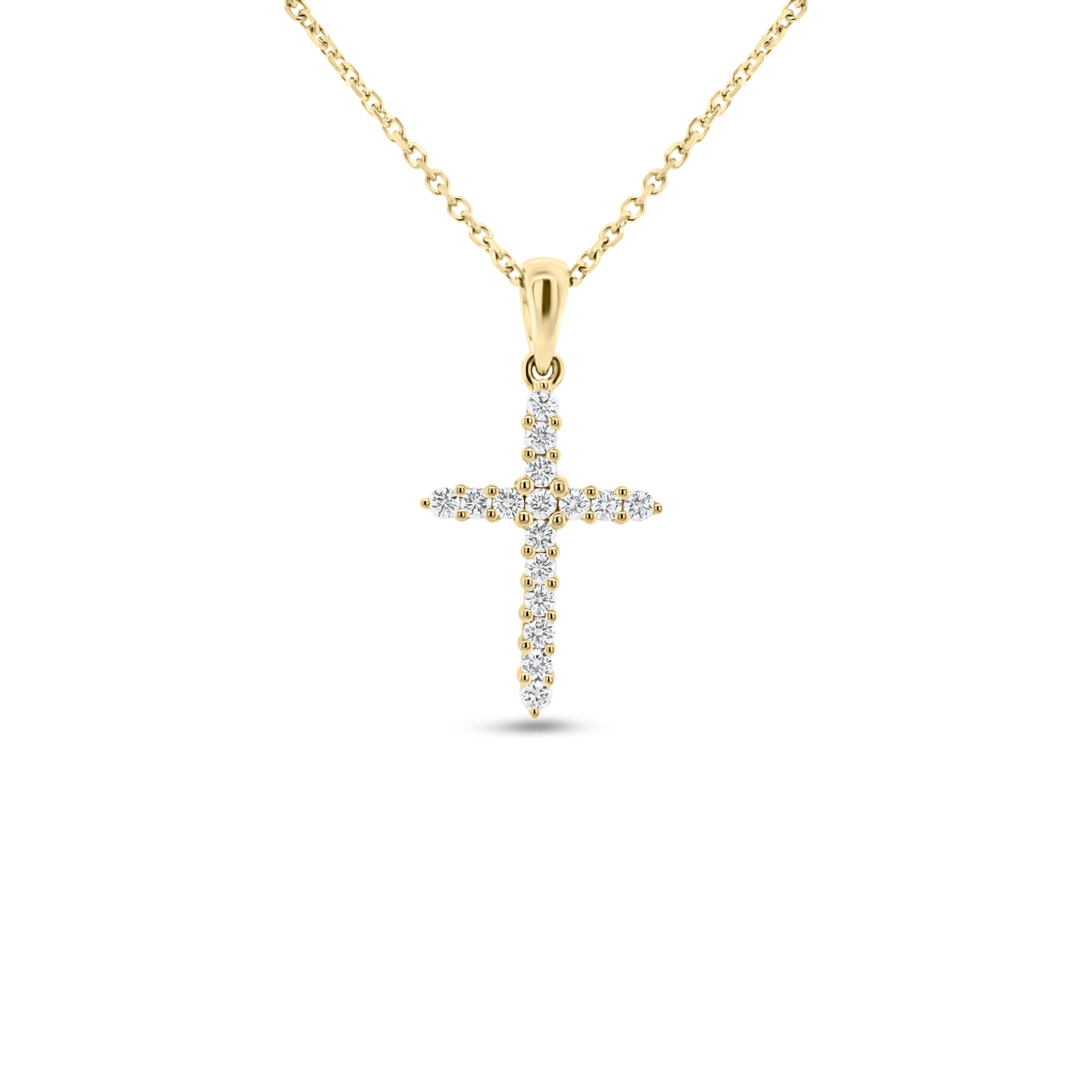 Diamond Classic Cross Pendant  - 14K gold weighing 2.35 grams  - 16 round diamonds totaling 0.23 carats.