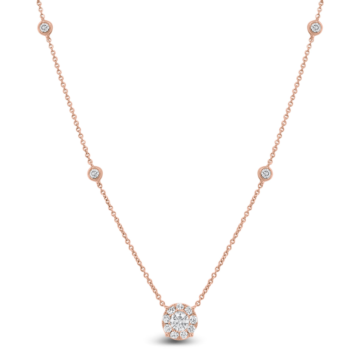 Diamond Solitaire with Bezel-Set Diamond Stations  - 18K gold weighing 2.33 grams  - 0.17 ct round diamond  - 13 round diamonds totaling 0.24 carats