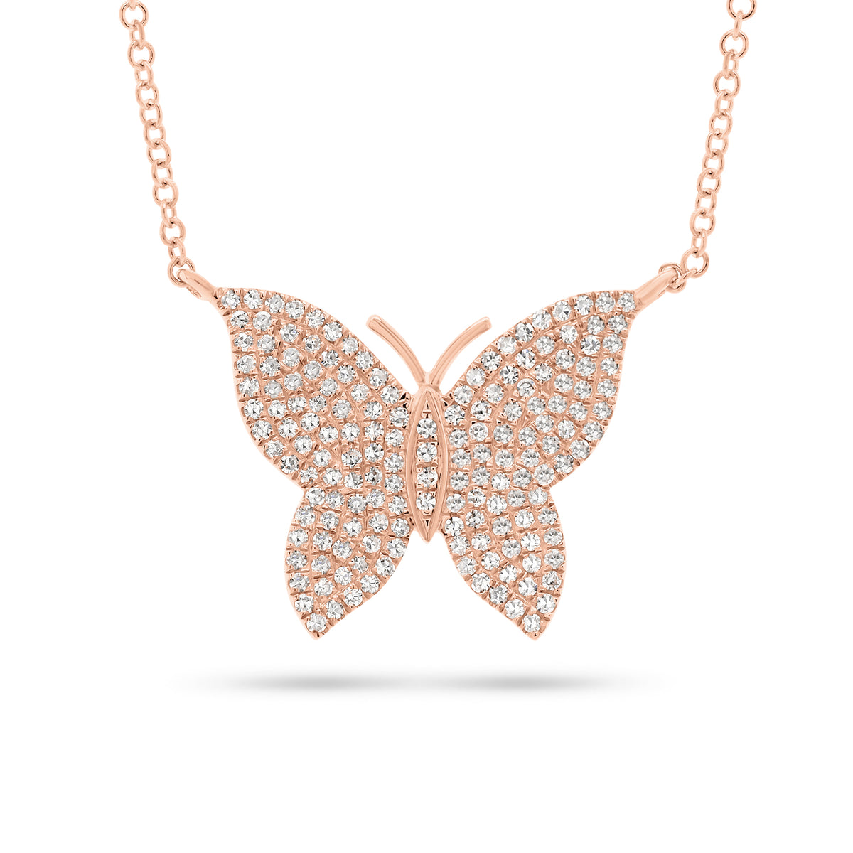 Single Cut Butterfly Necklace  -14K gold weighing 2.74 grams  -164 round pave set diamonds weighing 0.36 carats