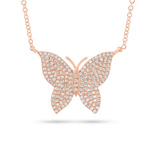 Single Cut Butterfly Necklace  -14K gold weighing 2.74 grams  -164 round pave set diamonds weighing 0.36 carats