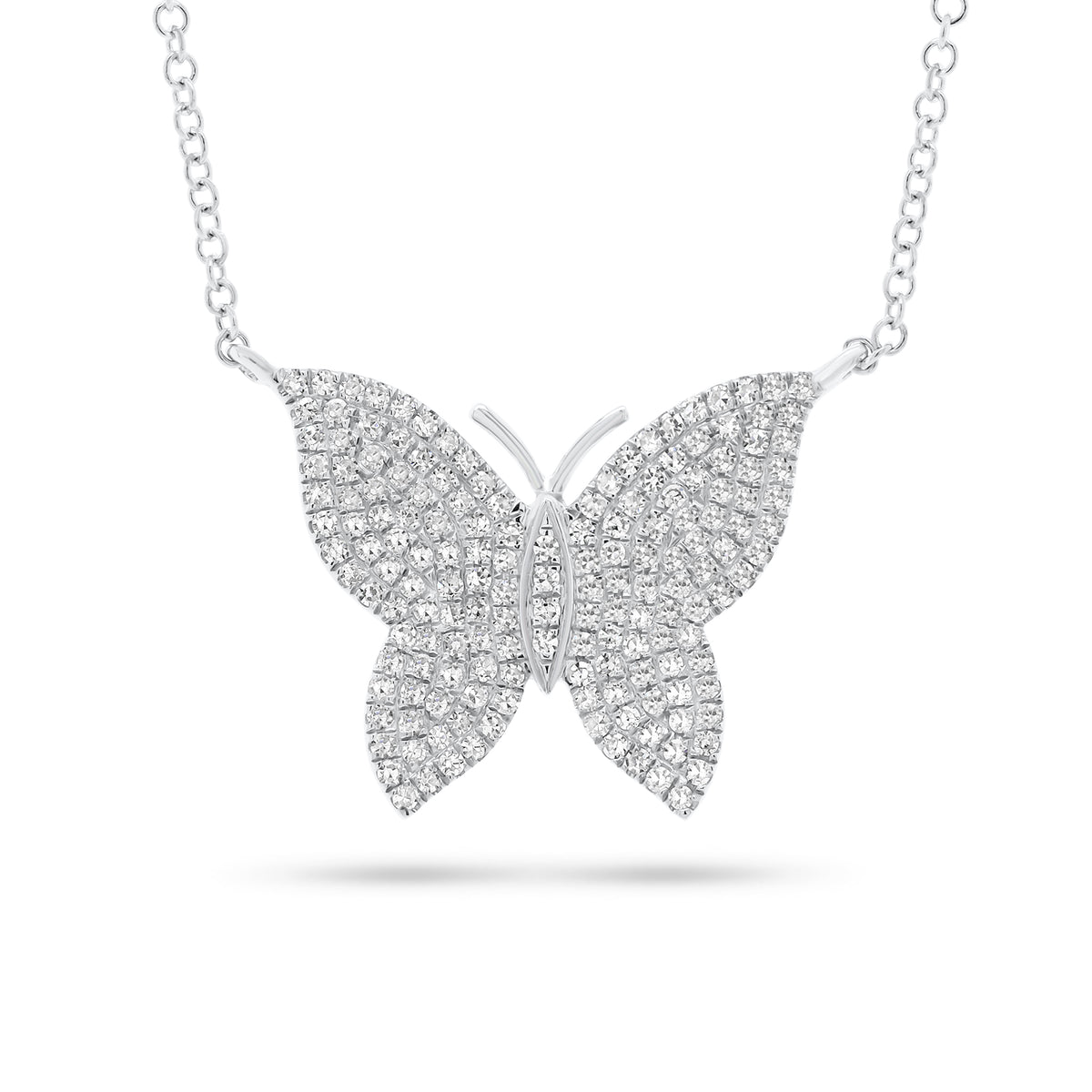 Single Cut Butterfly Necklace  -14K gold weighing 2.74 grams  -164 round pave set diamonds weighing 0.36 carats