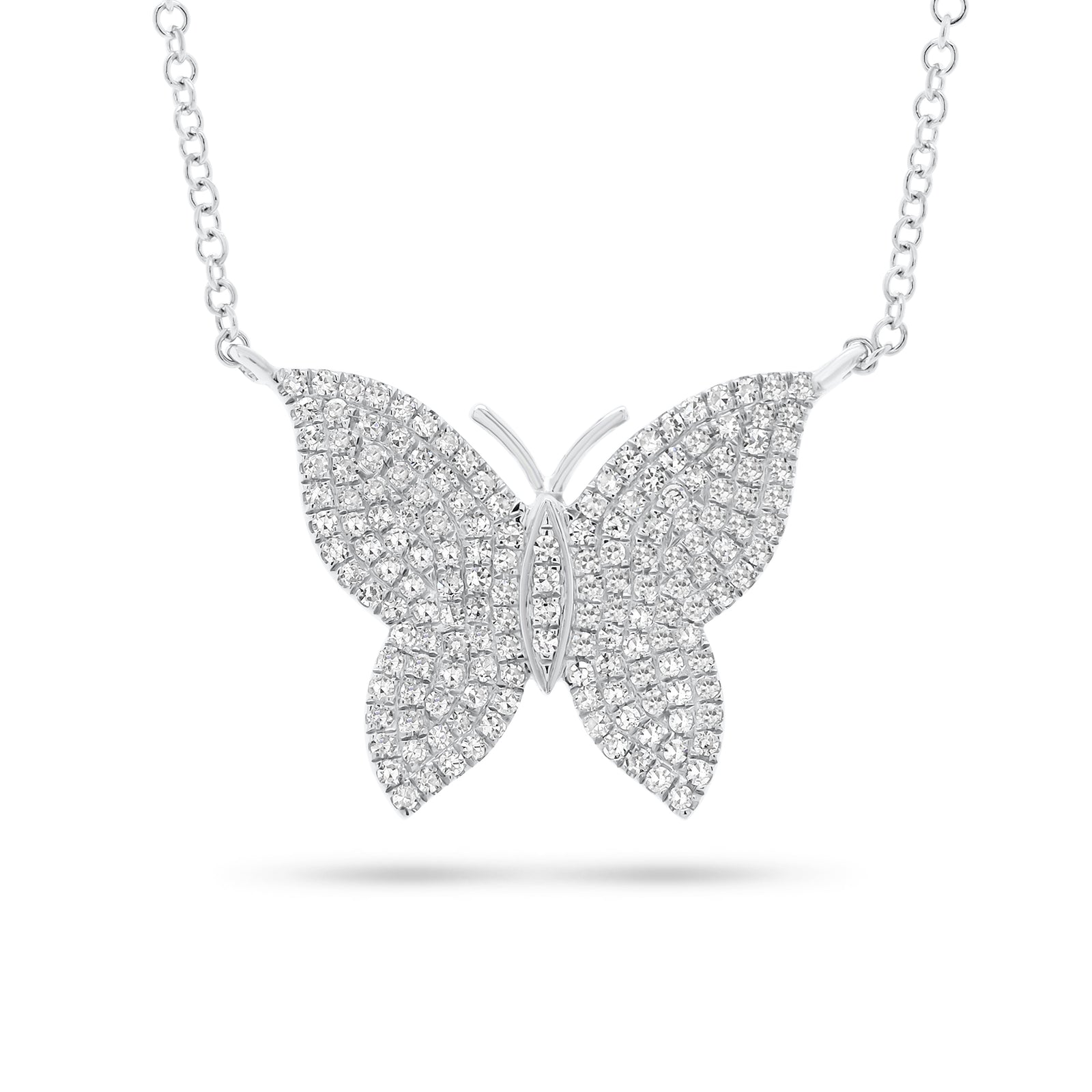 Single Cut Butterfly Necklace  -14K gold weighing 2.74 grams  -164 round pave set diamonds weighing 0.36 carats