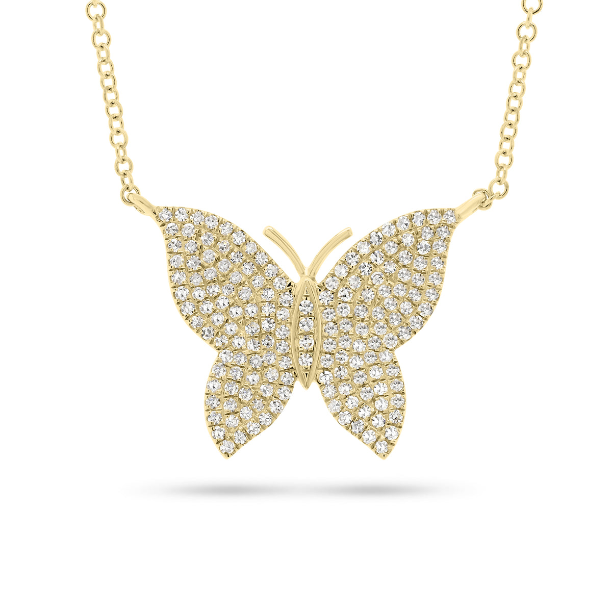 Single Cut Butterfly Necklace  -14K gold weighing 2.74 grams  -164 round pave set diamonds weighing 0.36 carats