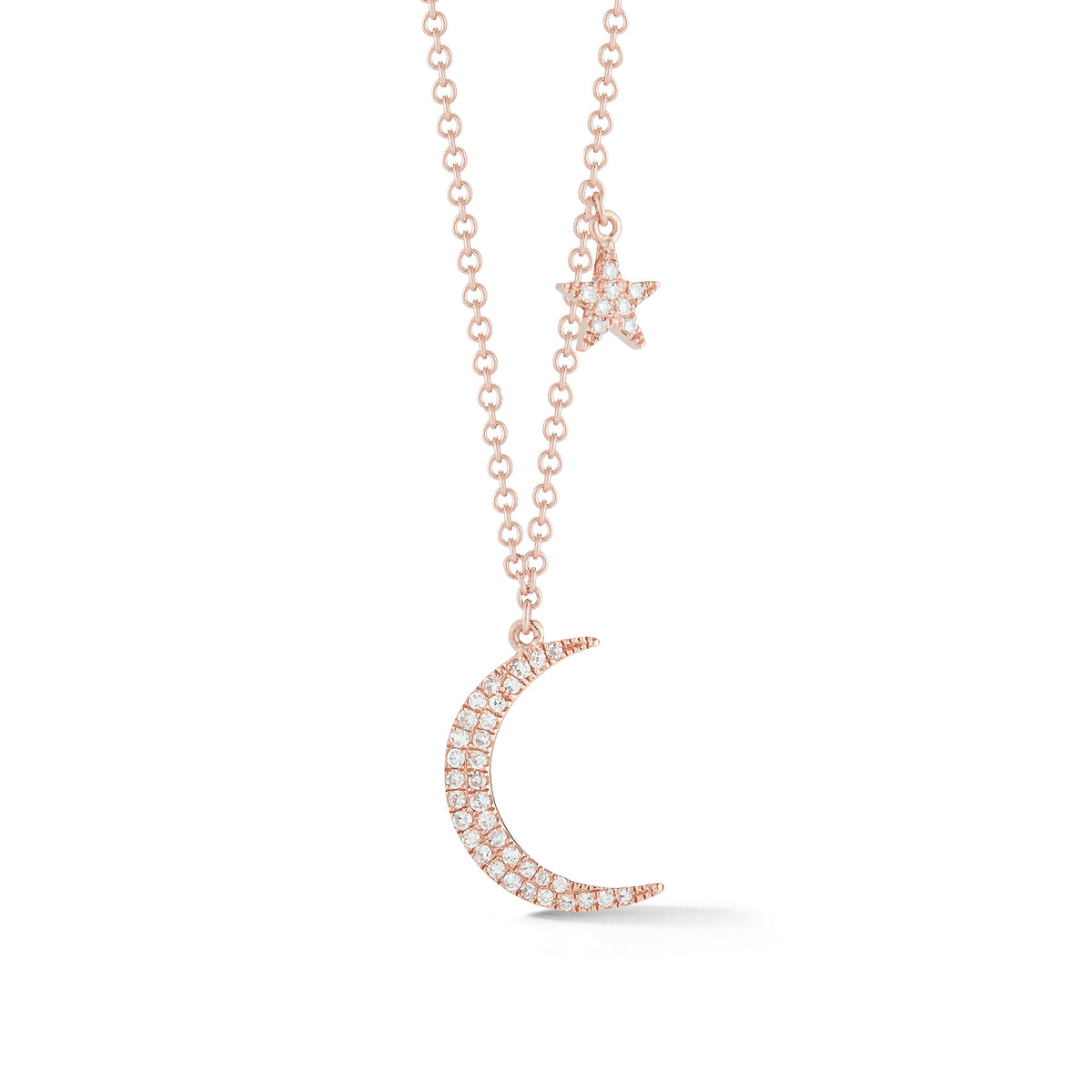 Diamond Moon & Star Necklace  -14k gold, 1.97 grams  -42 round prong set diamonds .11 carats. 