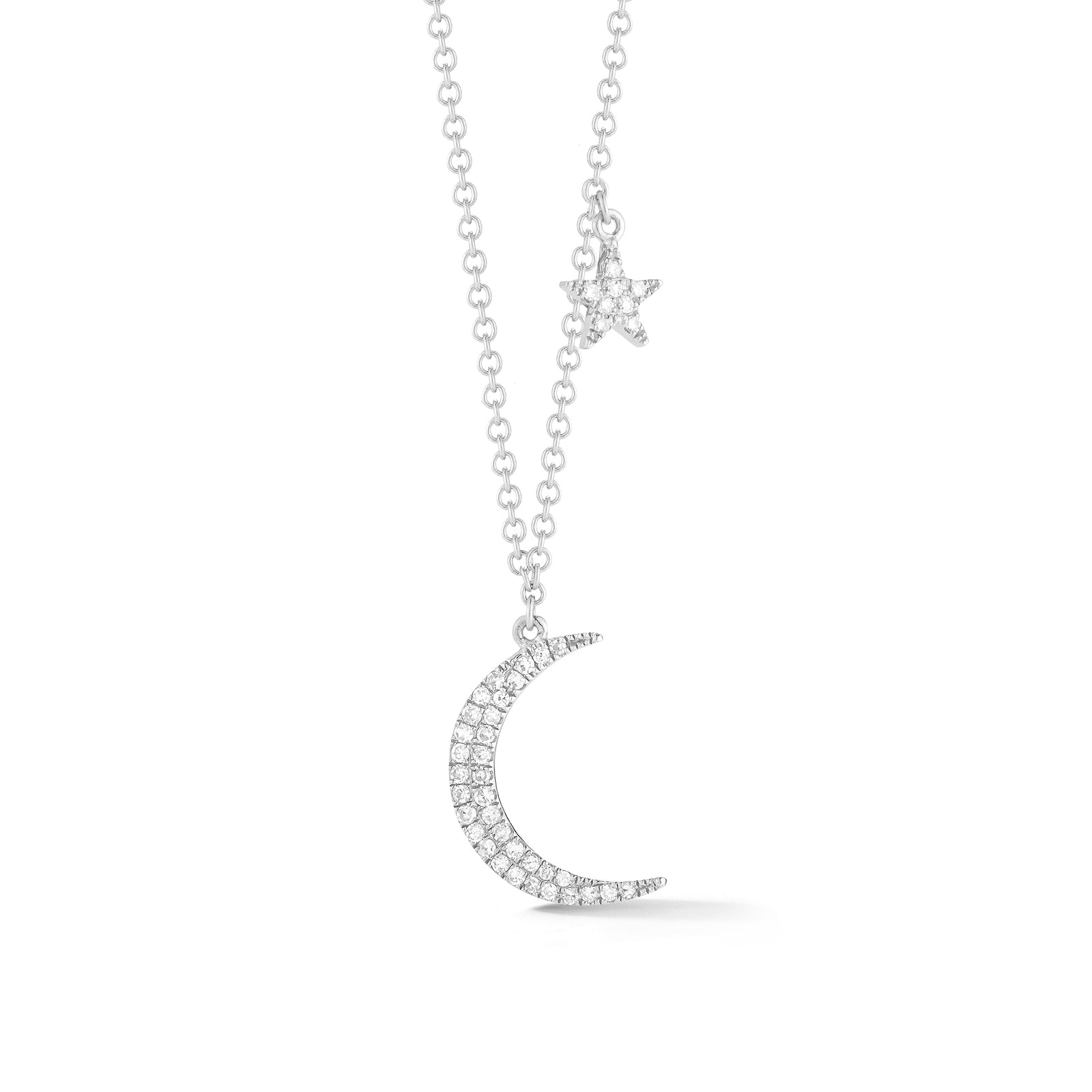 Diamond Moon & Star Necklace  -14k gold, 1.97 grams  -42 round prong set diamonds .11 carats. 