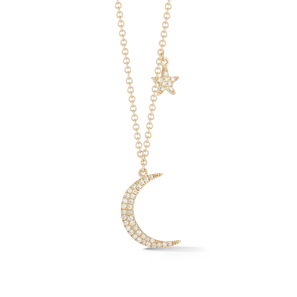 Diamond Moon & Star Necklace  -14k gold, 1.97 grams  -42 round prong set diamonds .11 carats. 