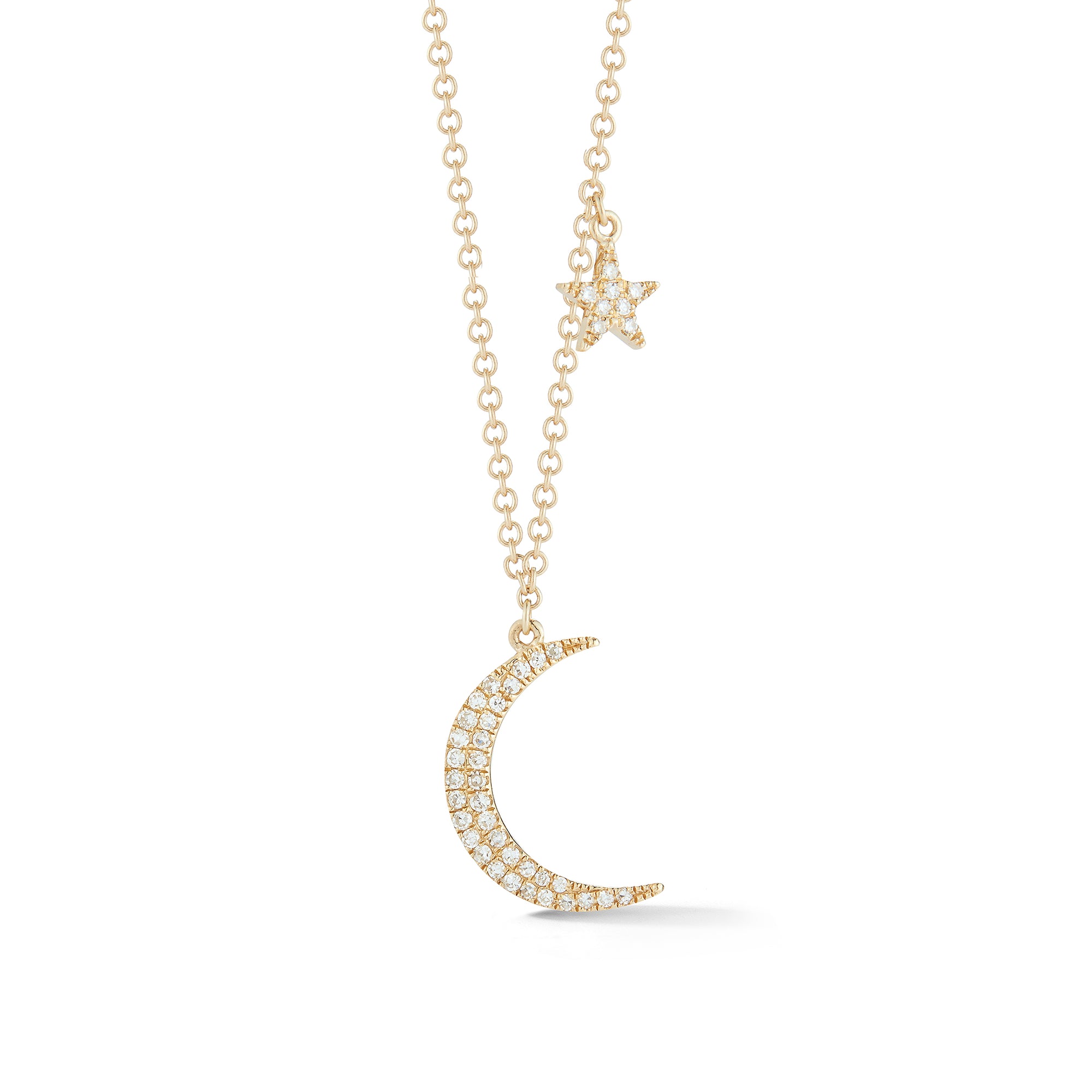 Diamond Moon & Star Necklace  -14k gold, 1.97 grams  -42 round prong set diamonds .11 carats. 
