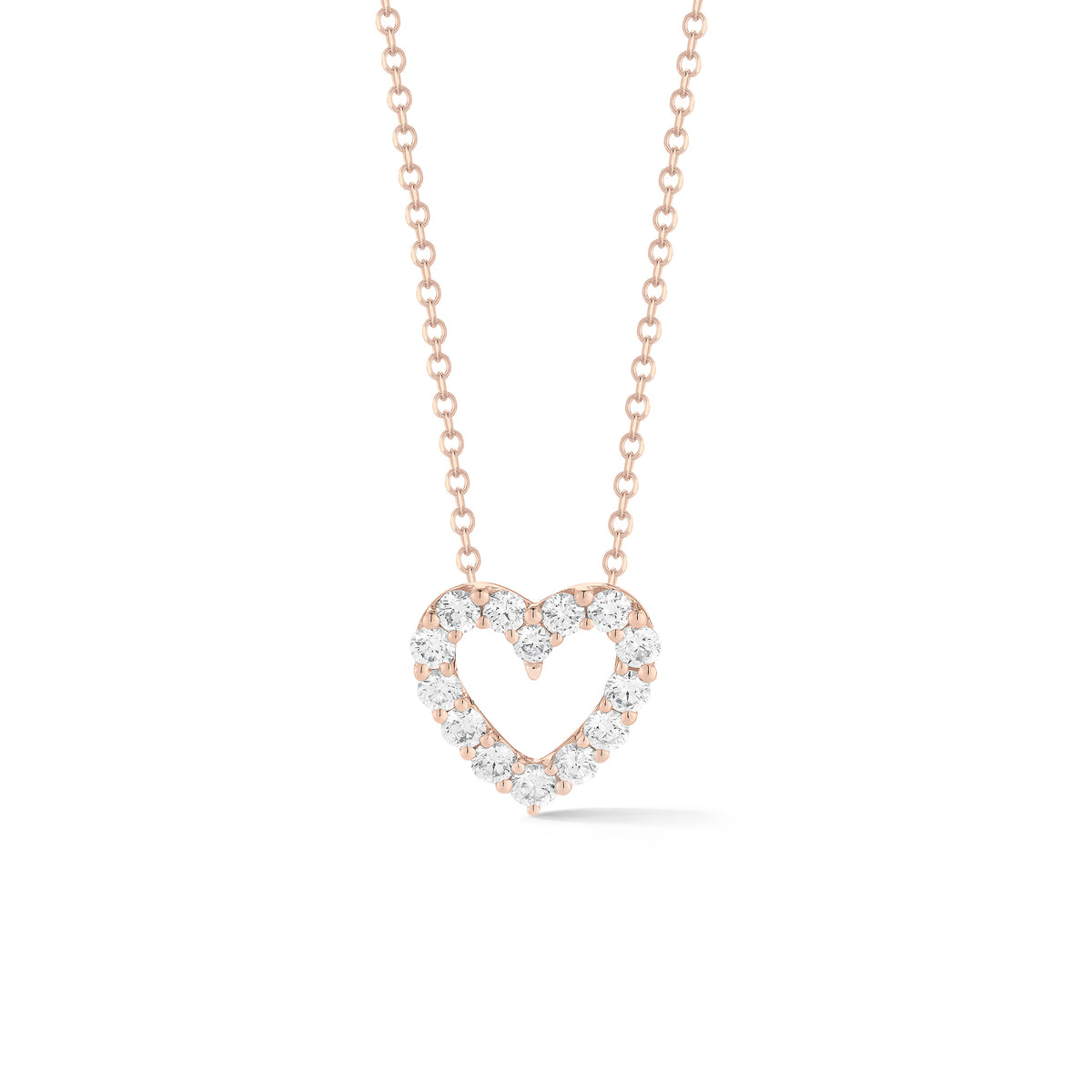 Diamond Open Heart Pendant Necklace  -14K gold weighing 2.72 grams  -14 round diamonds shared prong setting 0.53 carats
