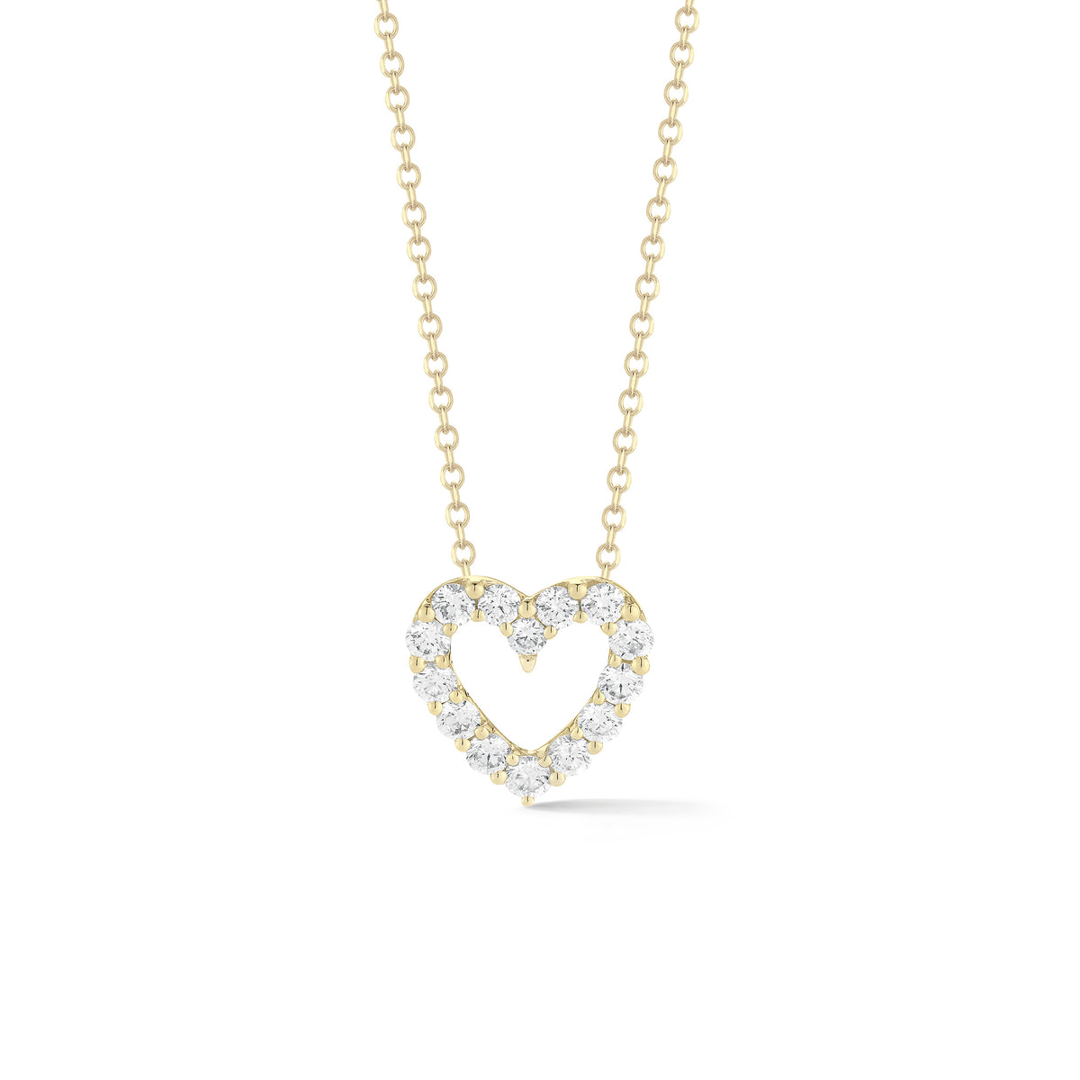 Diamond Open Heart Pendant Necklace  -14K gold weighing 2.72 grams  -14 round diamonds shared prong setting 0.53 carats