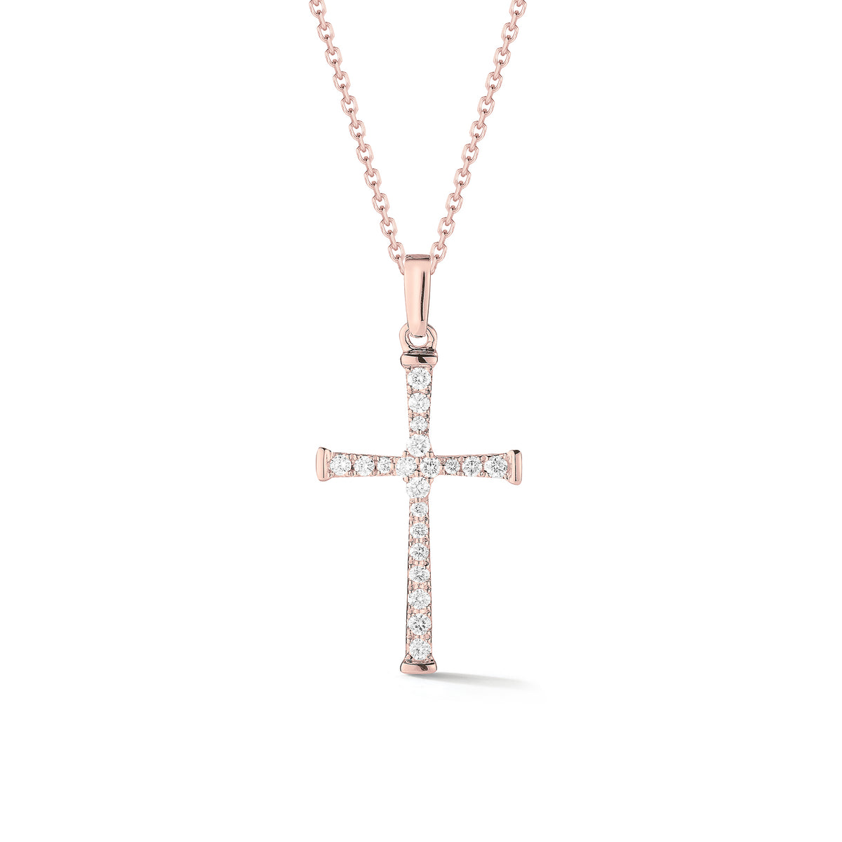 Diamond Skinny Cross Pendant Necklace  -14K gold weighing 2.85 grams  -20 round shared prong-set brilliant diamonds totaling 0.20 carats