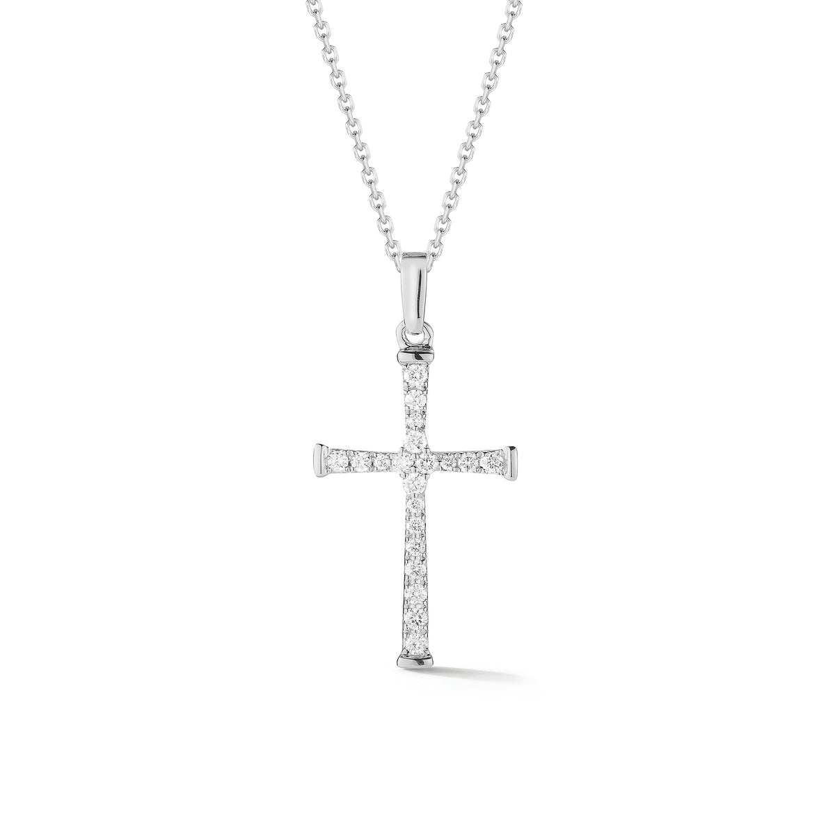 Diamond Skinny Cross Pendant Necklace  -14K gold weighing 2.85 grams  -20 round shared prong-set brilliant diamonds totaling 0.20 carats