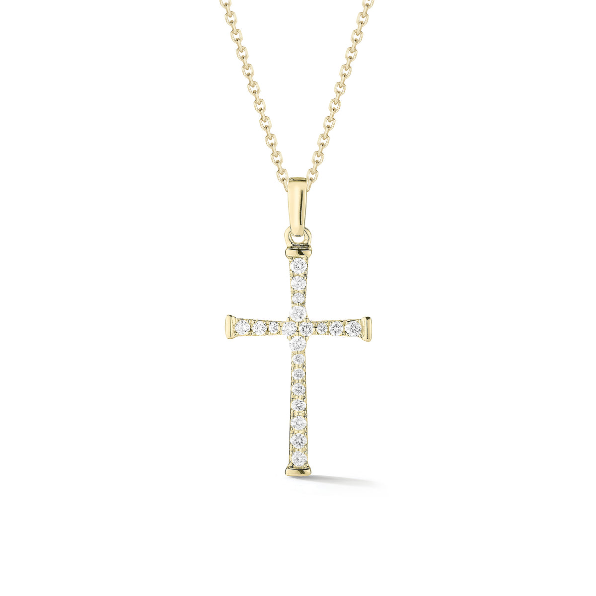 Diamond Skinny Cross Pendant Necklace  -14K gold weighing 2.85 grams  -20 round shared prong-set brilliant diamonds totaling 0.20 carats