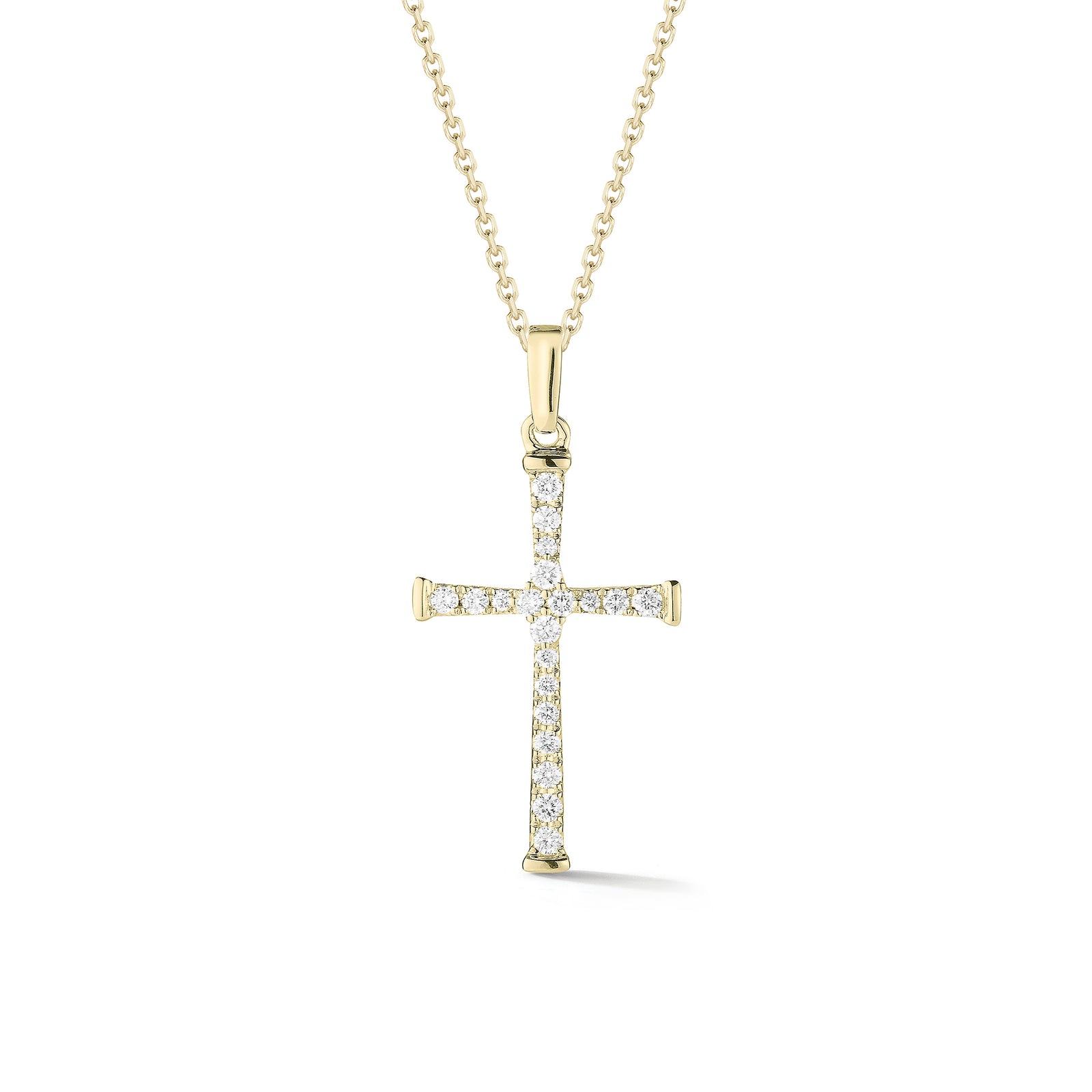 Diamond Skinny Cross Pendant Necklace  -14K gold weighing 2.85 grams  -20 round shared prong-set brilliant diamonds totaling 0.20 carats